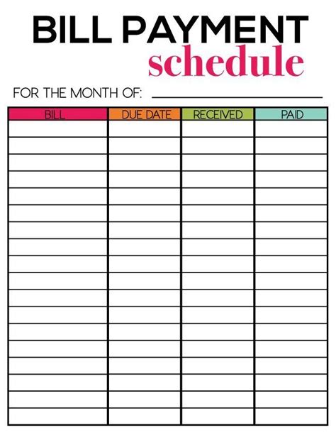 Free Printable Bill Payment Schedule | room surf.com