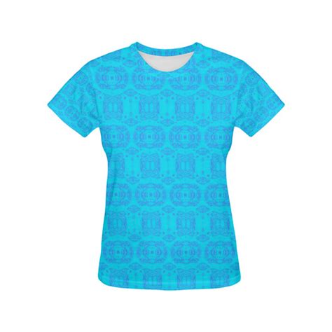 Abstract Blue and Turquoise Damask All Over Print T-Shirt for Women (USA Size) (Model T40) | ID ...