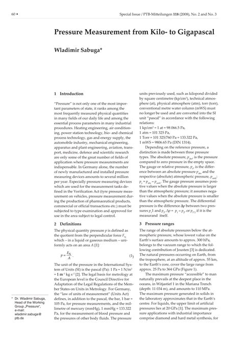 (PDF) Pressure measurement from kilopascal to gigapascal