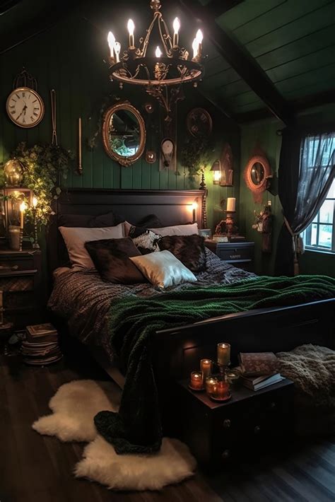 a dark cottage core bedroom. green wood cabin walls. a velvet green ...