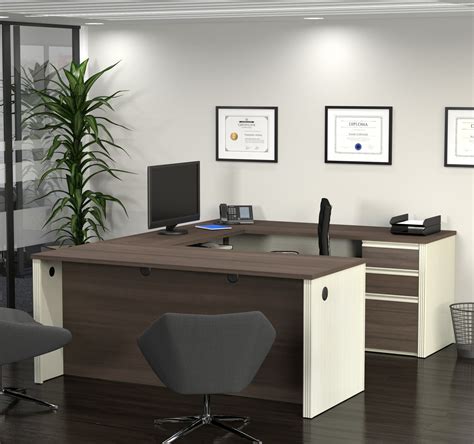 Sleek U-shaped Desk in White Chocolate & Antigua - OfficeDesk.com