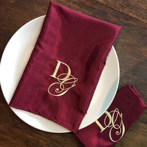 Personalized Burgundy Silk Napkin With Light Gold Monogram Embroidery - Luxury Wedding ...