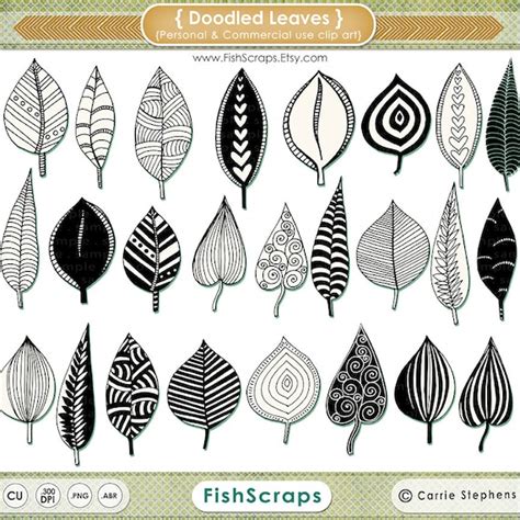 Doodled Leaves Clip Art PNG Leaf Digital Stamp Printable