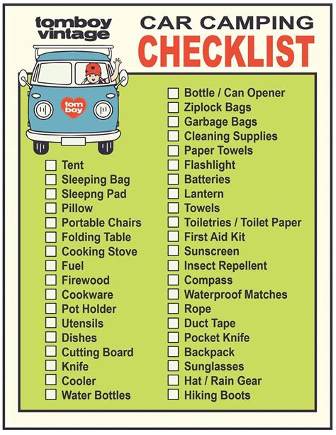 Car camping checklist, camping essentials, camping list, print out, tent camping, road trip ...