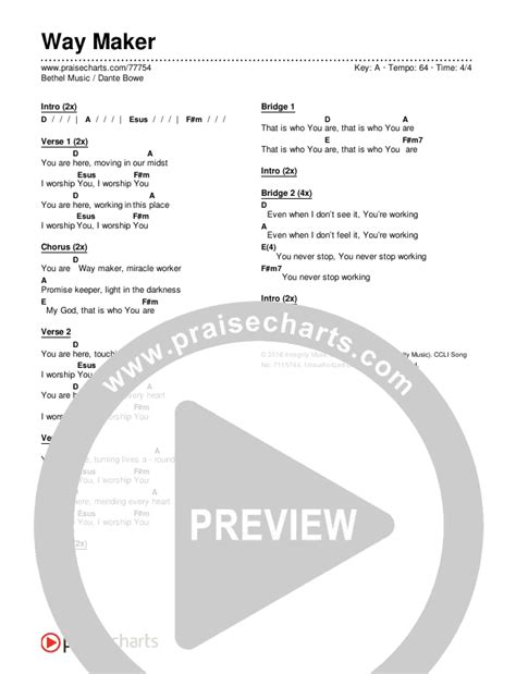 Way Maker Chords PDF (Bethel Music / Dante Bowe) - PraiseCharts