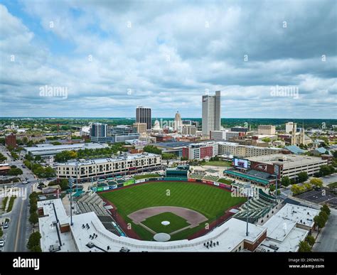 Aerial highlighting Parkview Field TinCaps Stadium with downtown Fort ...