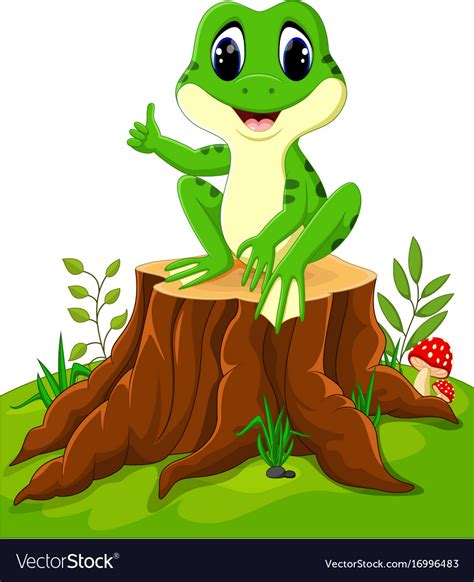 Cartoon funny frog sitting on tree stump Vector Image