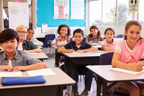 Smiling Elementary School Kids Sitting at Desks in Classroom Stock ...