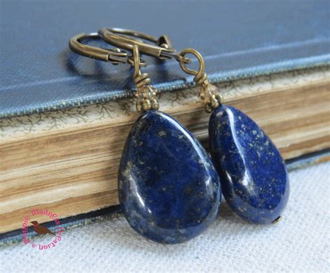 Lapis Lazuli Dangle Earrings Lapis Vintage Brass Leverback