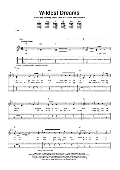 Wildest Dreams" Sheet Music by Taylor Swift for Guitar Tab/Vocal/Chords ...