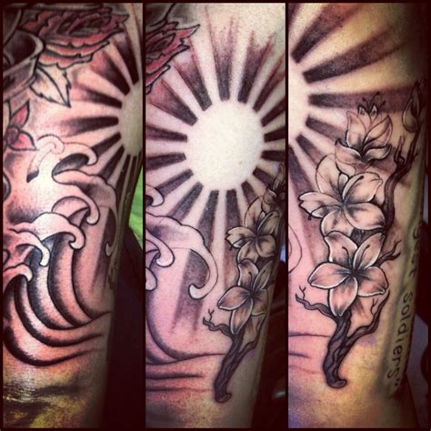 #tattoo #halfsleeve #sunrays #cherryblossoms #waves Sun Rays Tattoo, Rising Sun Tattoos, New ...