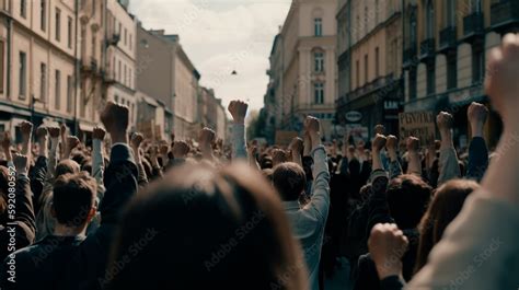 Protesting crowd of people on city street with raised fist rear view, anti war national protest ...