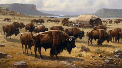 Premium AI Image | A painting of a herd of bison in front of a hut.