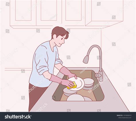 Man Washing Dishes Hand Drawn Style Stock Vector (Royalty Free ...