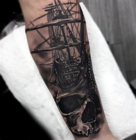 Skull With Sailing Ship Badass Forearm Tattoos For Men | Tattoos for guys badass, Badass tattoos ...