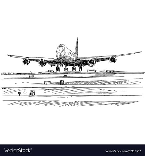 Drawing airplane landing at airport Royalty Free Vector