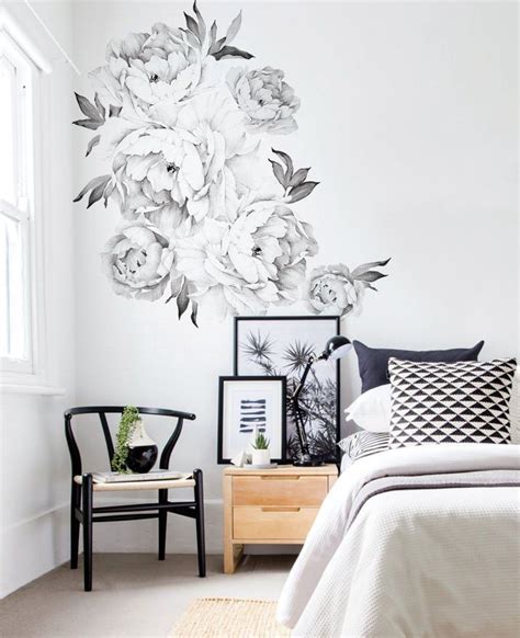 black and white floral stickers in a modern bedroom style design. | White wall stickers, Wall ...