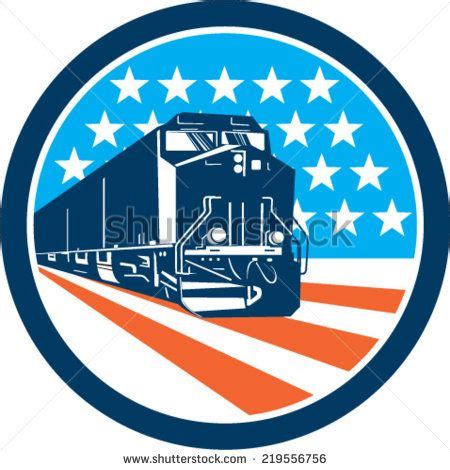 Illustration of a diesel train viewed from front set inside circle with american stars and ...