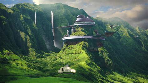 Sci-Fi Mountain Retreat HD Wallpaper