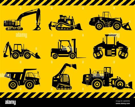 Silhouette illustration of heavy construction equipment and mining ...