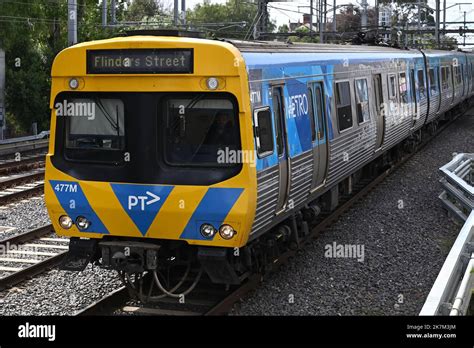 Front view of an old Comeng train, featuring current PTV and Metro Melbourne livery, bound for ...