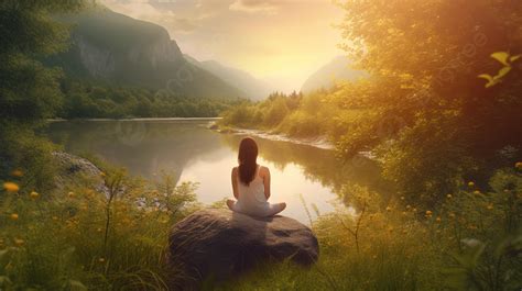 Woman Sitting On A Rock Meditating In The Forest Background, Picture To Relieve Stress, Stress ...