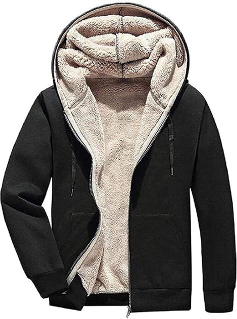 Mens Faux Fur Lined Solid Thicken Hoodie Warm Fall Winter Full-Zip Quilted Jacket Coat Outerwear ...