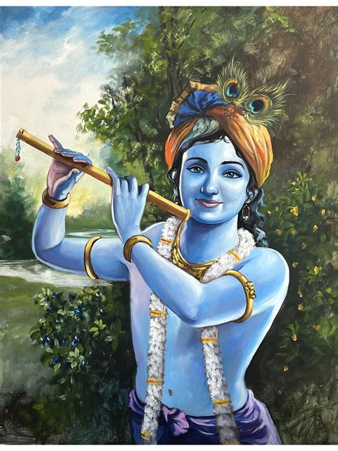 Bal Krishna With Flute | Acrylic On Canvs | By Maadhvan Goyal | Exotic India Art