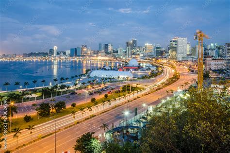 Skyline of capital city Luanda, Luanda bay and seaside promenade with ...