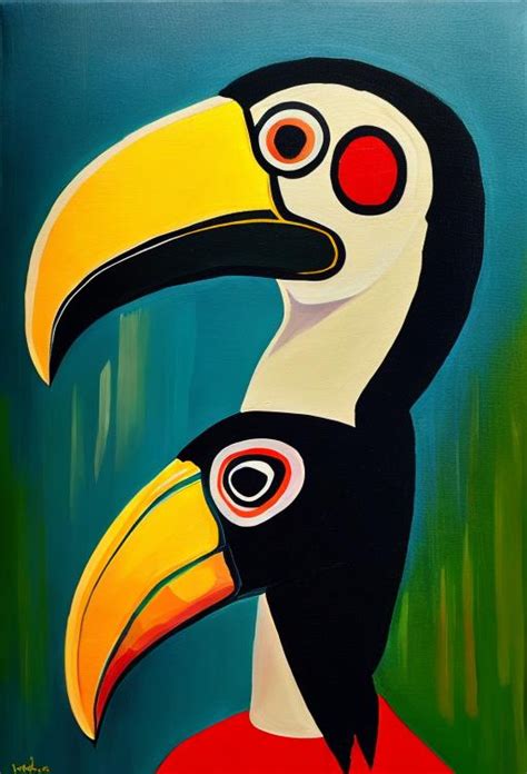 Woman with head of a toucan. Oil painting.