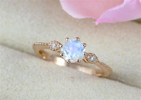 Moonstone Engagement Ring Vintage Rose Gold Antique Ring Rainbow Moonstone Ring Promise ...