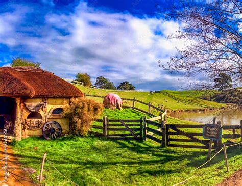 Hobbiton, New Zealand - August 29, 2018: Panoramic aerial view of ...