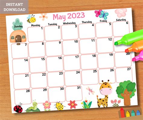 EDITABLE May 2023 Calendar Printable Kids Calendar 2023 - Etsy