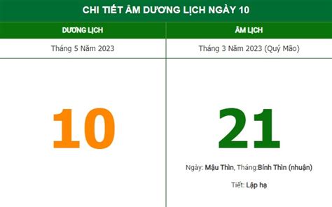 Lịch âm 10/5, xem âm lịch hôm nay Thứ 4 ngày 10/5/2023 đầy đủ nhất