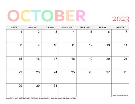 Free Printable October 2023 Calendar with Holidays | 21 Best Templates