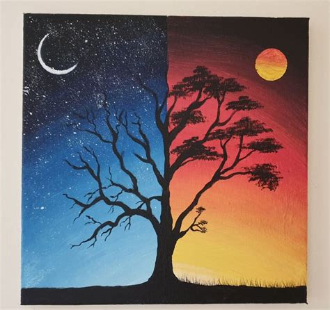 Day and night landscape (2020) Acrylic painting by Asif Rasheed | Tree painting canvas, Small ...