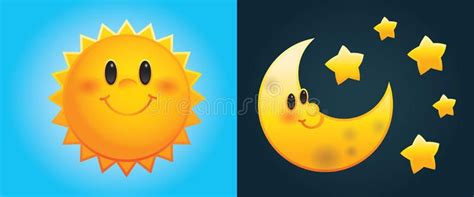 Cartoon sun and moon. Day and Night: Cute cartoon sun and moon with ...