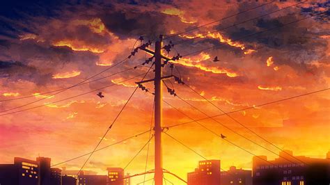 Online crop | HD wallpaper: anime sunset, landscape, birds, clouds, built structure, orange ...