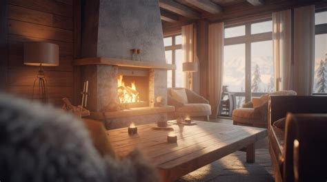 Premium AI Image | Interior of a country wooden house with a fireplace with skins on the floor