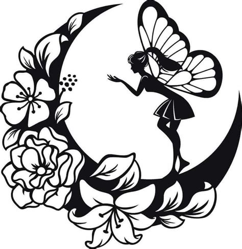 Fairy Silhouette Art: Moon, Flowers, and Butterflies