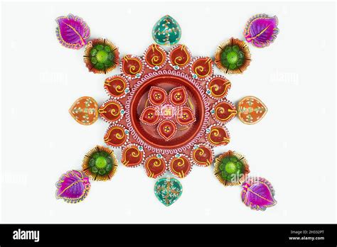 Multicolor Diya, Deep Or Dia Arranged In Rangoli Floral Design. White ...