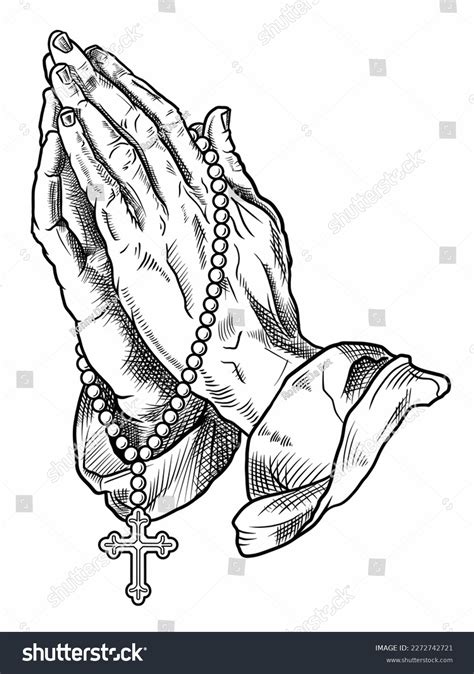 Praying Hands Rosary Line Drawing Handdrawn Stock Illustration ...