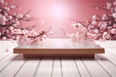 Premium AI Image | Wooden Table Top Product Display with Cherry Blossom ...