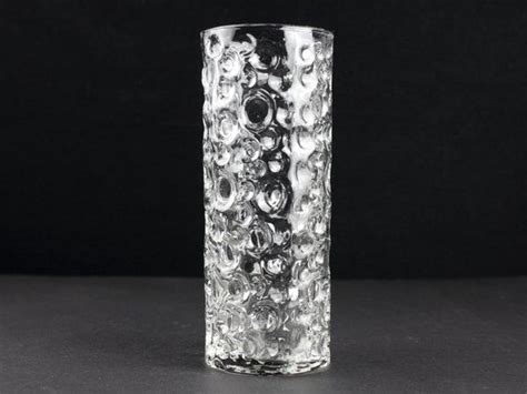 70s clear vintage glass vase by Hirschberg, cylindrical glass vase bubbles, West Germany, Mid ...