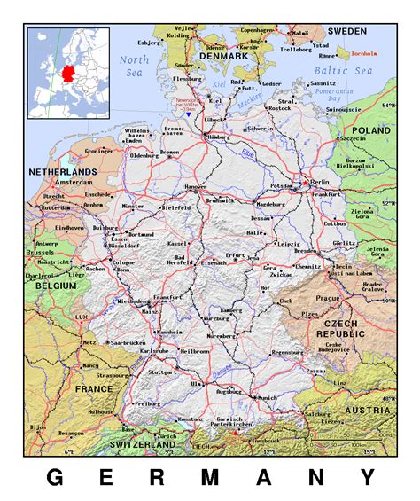 Detailed political map of Germany with relief | Germany | Europe ...