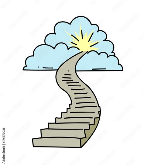 Stairway to heaven cartoon hand drawn image. Original colorful artwork, comic childish style ...