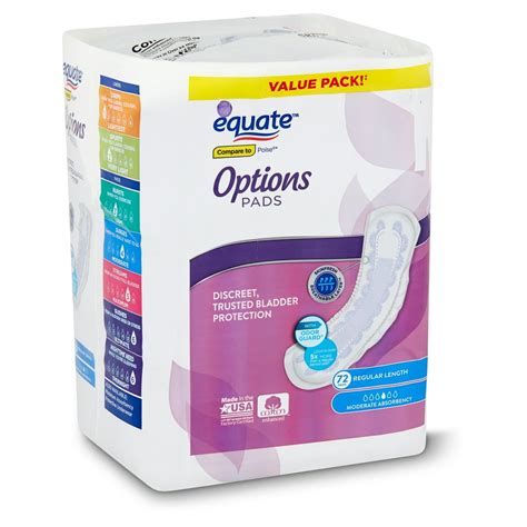 Equate Options Women's Moderate-Regular Incontinence Pads, 72 count ...