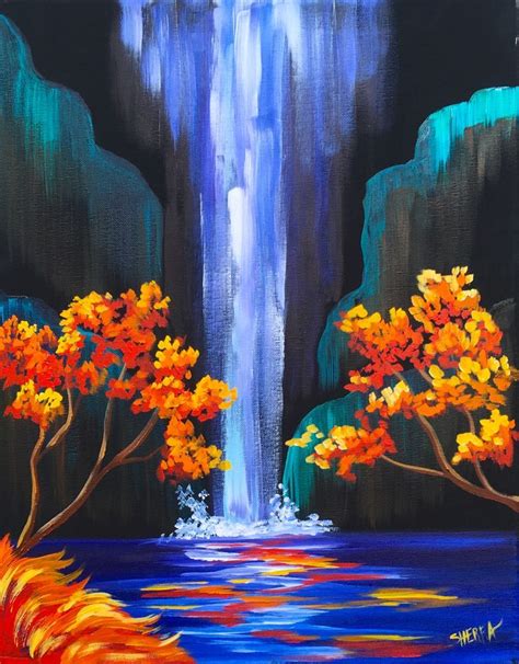 waterfalls paintings on black canvas tutorial | Autumn Aloha Easy step ...