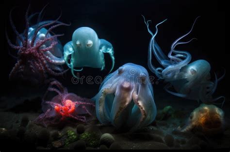 Deep-sea Creatures Swimming and Glowing in the Dark Depths of the Ocean Stock Photo - Image of ...