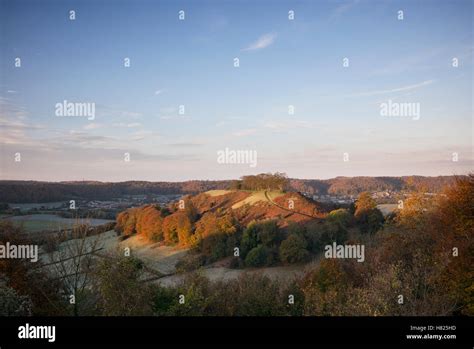 Downham Hill from Uley Bury on a cold frosty autumn morning at sunrise. Cotswolds ...